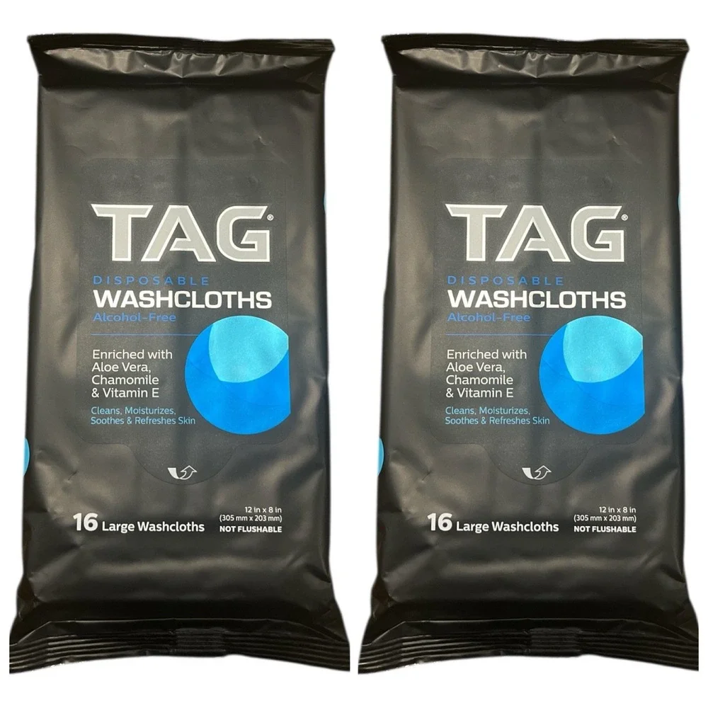 Lot of 2 Tag Disposable Washcloths Alcohol-Free 16 Pack 12x8